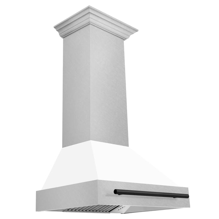 ZLINE 30" Autograph Edition Wall Mount Range Hood in DuraSnow® Stainless Steel with White Matte Shell and Matte Black Handle, 8654SNZ-WM30-MB ZLINE Dreamwood Living