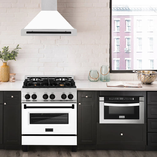 ZLINE 30" Autograph Edition Wall Mount Range Hood in DuraSnow® Stainless Steel with White Matte Shell and Matte Black Handle, KB4SNZ-WM30-MB ZLINE Dreamwood Living