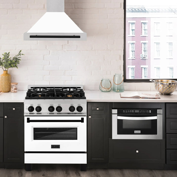 ZLINE 30" Autograph Edition Wall Mount Range Hood in DuraSnow® Stainless Steel with White Matte Shell and Matte Black Handle, KB4SNZ-WM30-MB ZLINE Dreamwood Living