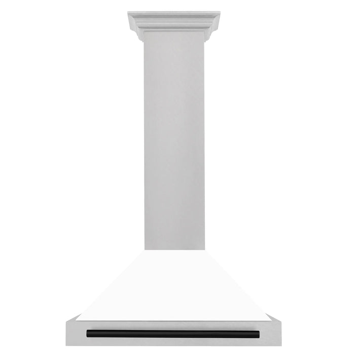 ZLINE 30" Autograph Edition Wall Mount Range Hood in DuraSnow® Stainless Steel with White Matte Shell and Matte Black Handle, KB4SNZ-WM30-MB ZLINE Dreamwood Living