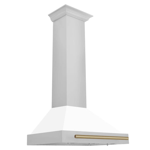 ZLINE 30" Autograph Edition Wall Mount Range Hood in Stainless Steel with White Matte Shell and Champagne Bronze Accents, KB4STZ-WM30-CB ZLINE