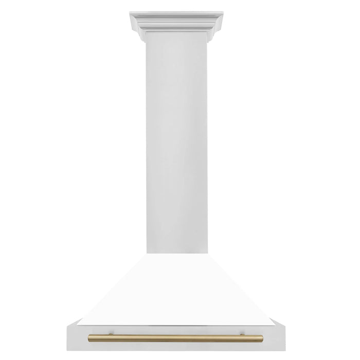 ZLINE 30" Autograph Edition Wall Mount Range Hood in Stainless Steel with White Matte Shell and Champagne Bronze Accents, KB4STZ-WM30-CB ZLINE