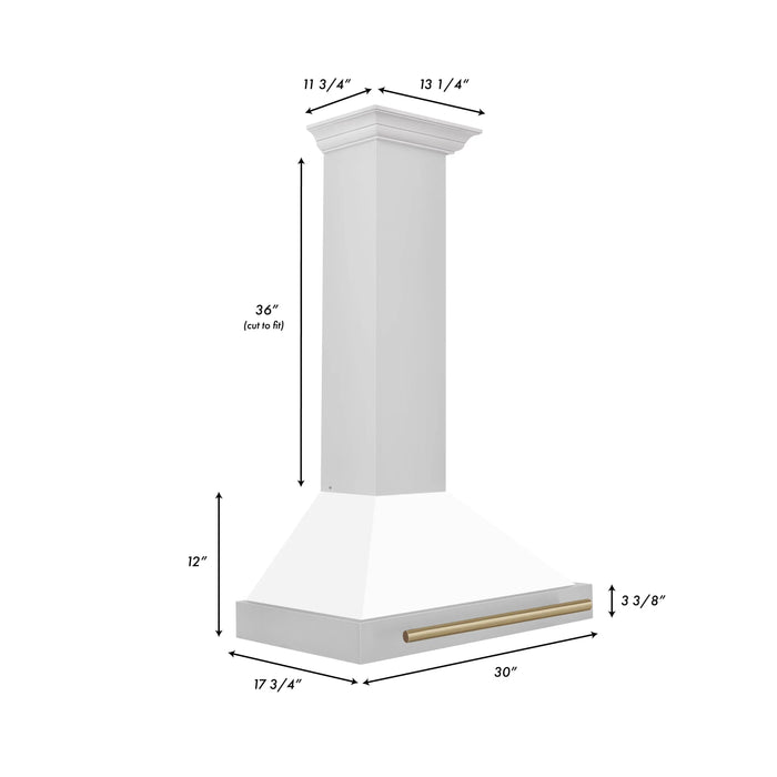 ZLINE 30" Autograph Edition Wall Mount Range Hood in Stainless Steel with White Matte Shell and Champagne Bronze Accents, KB4STZ-WM30-CB ZLINE