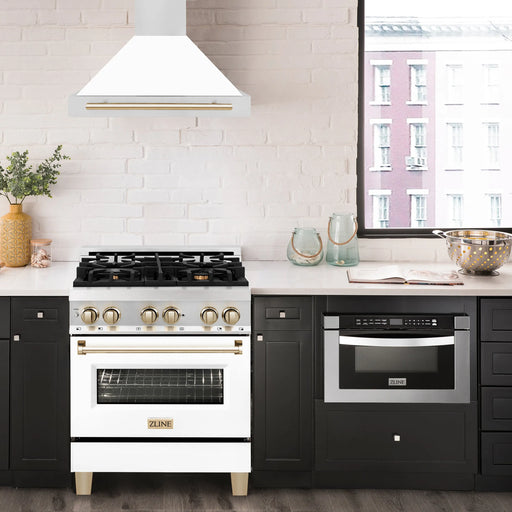 ZLINE 30" Autograph Edition Wall Mount Range Hood in Stainless Steel with White Matte Shell and Gold Handle, KB4STZ-WM30-G ZLINE