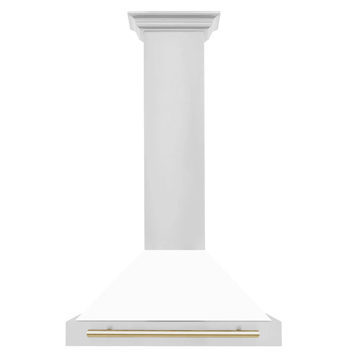ZLINE 30" Autograph Edition Wall Mount Range Hood in Stainless Steel with White Matte Shell and Gold Handle, KB4STZ-WM30-G ZLINE