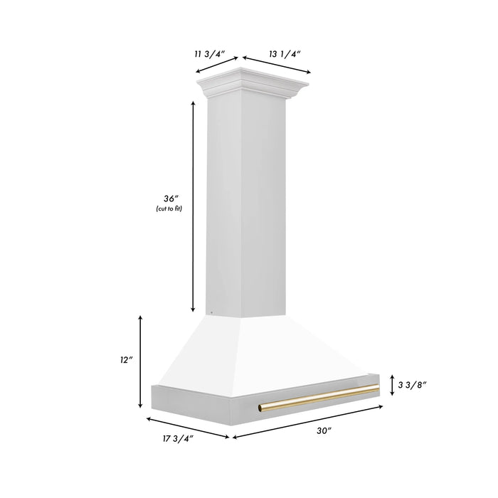 ZLINE 30" Autograph Edition Wall Mount Range Hood in Stainless Steel with White Matte Shell and Gold Handle, KB4STZ-WM30-G ZLINE