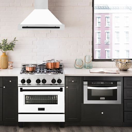 ZLINE 30" Autograph Edition Wall Mount Range Hood in Stainless Steel with White Matte Shell and Matte Black Accents, KB4STZ-WM30-MB ZLINE