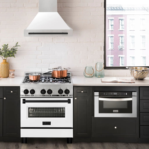 ZLINE 30" Autograph Edition Wall Mount Range Hood in Stainless Steel with White Matte Shell and Matte Black Handle, 8654STZ-WM30-MB ZLINE Dreamwood Living