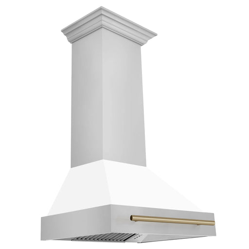 ZLINE 30" Autograph Edition Wall Mount Range Hood with White Matte Shell and Champagne Bronze Handle, 8654STZ-WM30-CB ZLINE Dreamwood Living