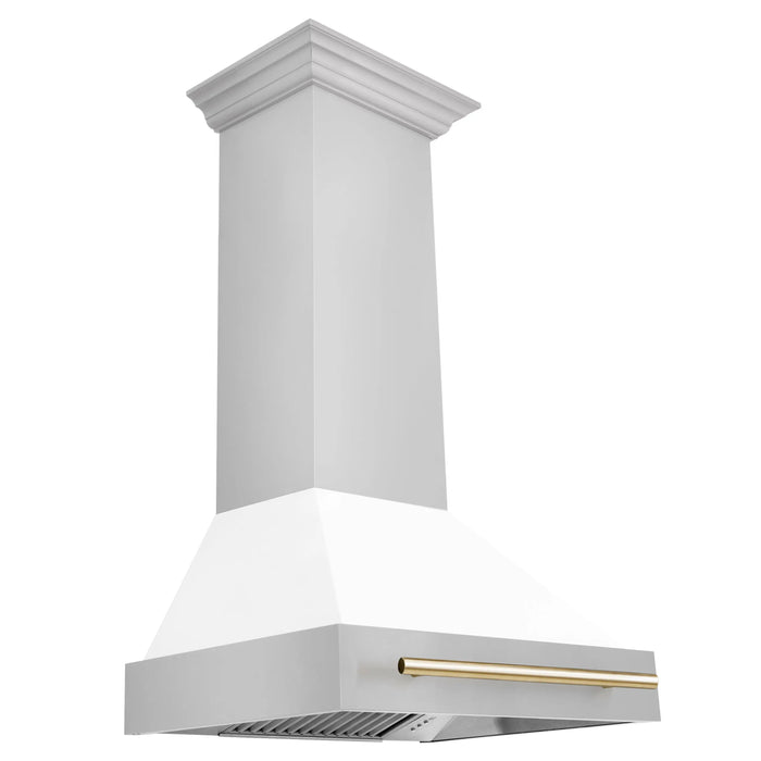 ZLINE 30" Autograph Edition Wall Mount Range Hood with White Matte Shell and Gold Handle, 8654STZ-WM30-G ZLINE Dreamwood Living