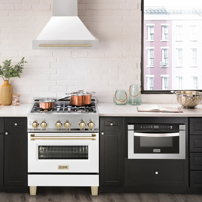 ZLINE 30" Autograph Edition Wall Mount Range Hood with White Matte Shell and Gold Handle, 8654STZ-WM30-G ZLINE Dreamwood Living