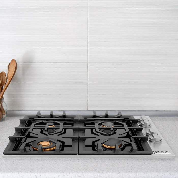 ZLINE 30" Dropin Cooktop with 4 Gas Brass Burners and Black Porcelain Top, RC-BR-30-PBT ZLINE