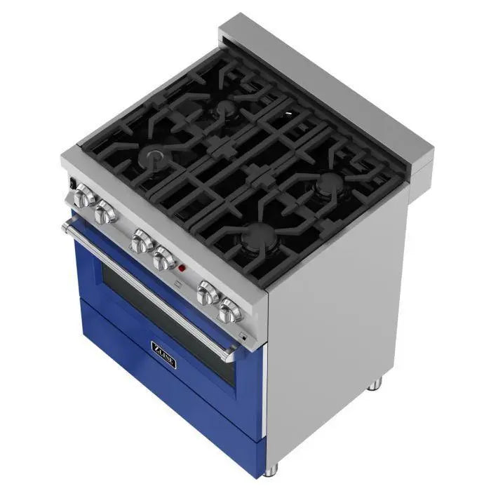 ZLINE 30" Dual Fuel Range in DuraSnow® Stainless with Blue Gloss Door, RAS-BG-30 ZLINE Dreamwood Living