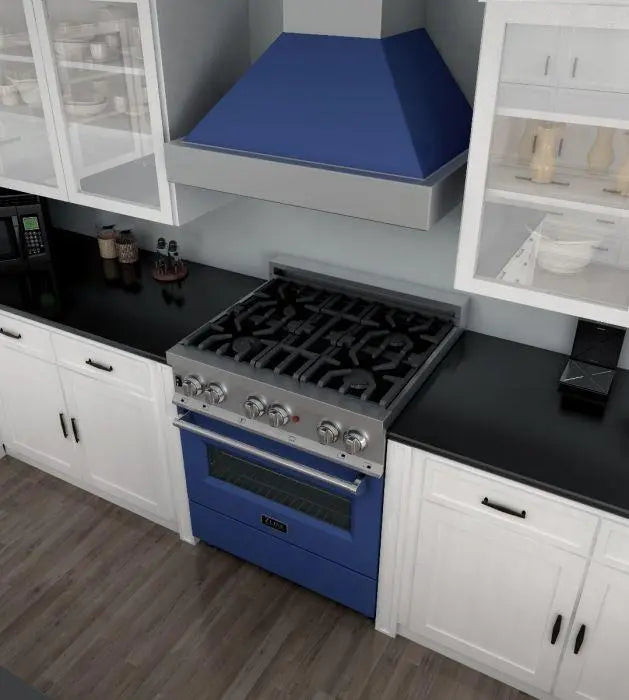 ZLINE 30" Dual Fuel Range in DuraSnow® Stainless with Blue Gloss Door, RAS-BG-30 ZLINE Dreamwood Living