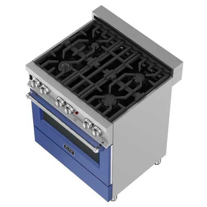 ZLINE 30" Dual Fuel Range in DuraSnow® Stainless with Blue Matte Door, RAS-BM-30 ZLINE Dreamwood Living
