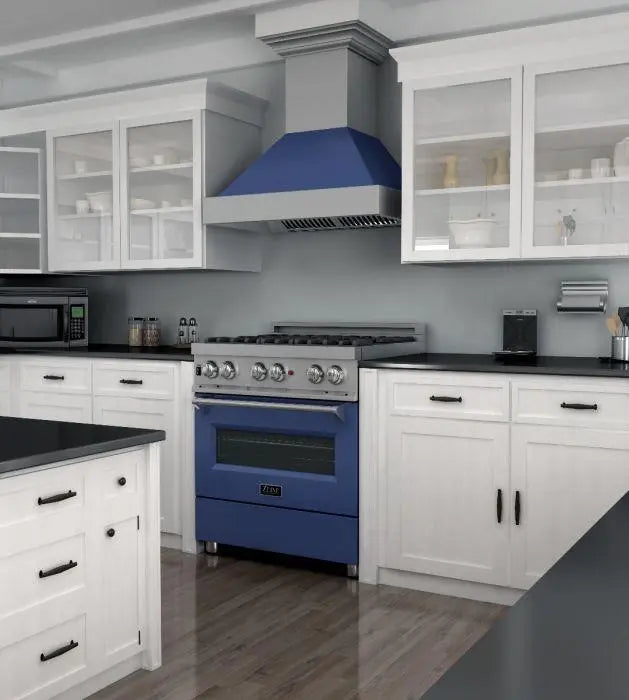 ZLINE 30" Dual Fuel Range in DuraSnow® Stainless with Blue Matte Door, RAS-BM-30 ZLINE Dreamwood Living