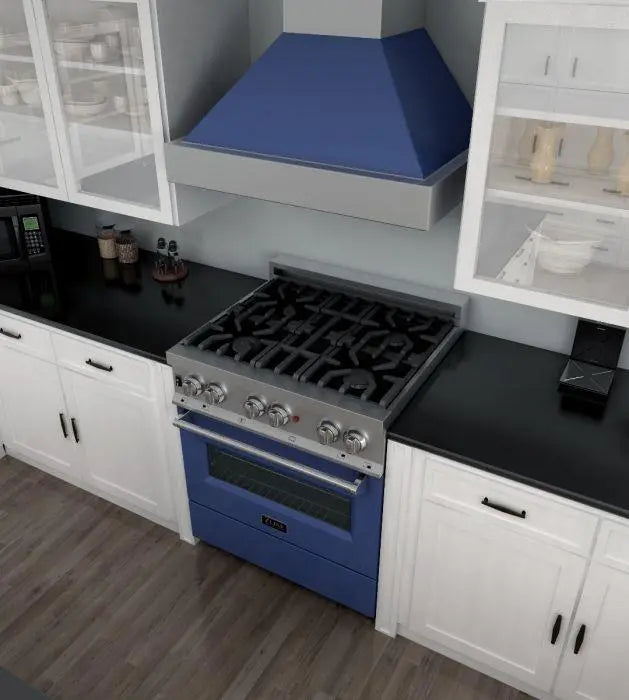ZLINE 30" Dual Fuel Range in DuraSnow® Stainless with Blue Matte Door, RAS-BM-30 ZLINE Dreamwood Living