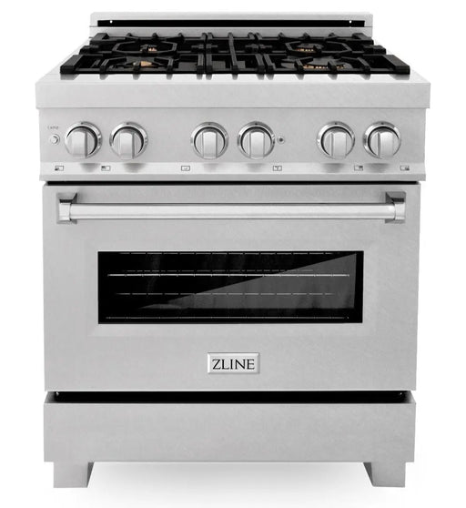 ZLINE 30" Dual Fuel Range in DuraSnow® Stainless with Brass Burners, RAS-SN-BR-30 ZLINE Dreamwood Living
