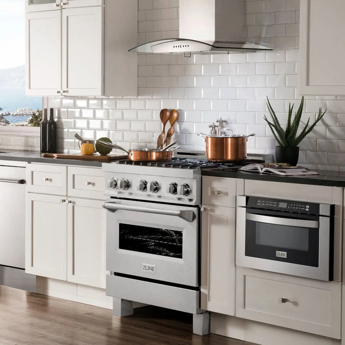 ZLINE 30" Dual Fuel Range in DuraSnow® Stainless with Brass Burners, RAS-SN-BR-30 ZLINE Dreamwood Living
