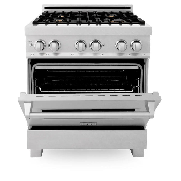ZLINE 30" Dual Fuel Range in DuraSnow® Stainless with Brass Burners, RAS-SN-BR-30 ZLINE Dreamwood Living