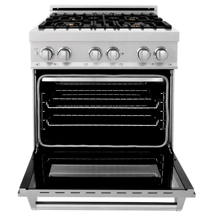 ZLINE 30" Dual Fuel Range in DuraSnow® Stainless with Brass Burners, RAS-SN-BR-30 ZLINE Dreamwood Living