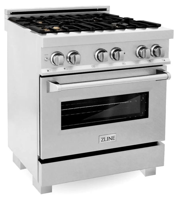 ZLINE 30" Dual Fuel Range in DuraSnow® Stainless with Brass Burners, RAS-SN-BR-30 ZLINE Dreamwood Living