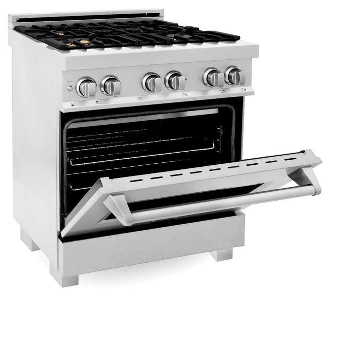 ZLINE 30" Dual Fuel Range in DuraSnow® Stainless with Brass Burners, RAS-SN-BR-30 ZLINE Dreamwood Living
