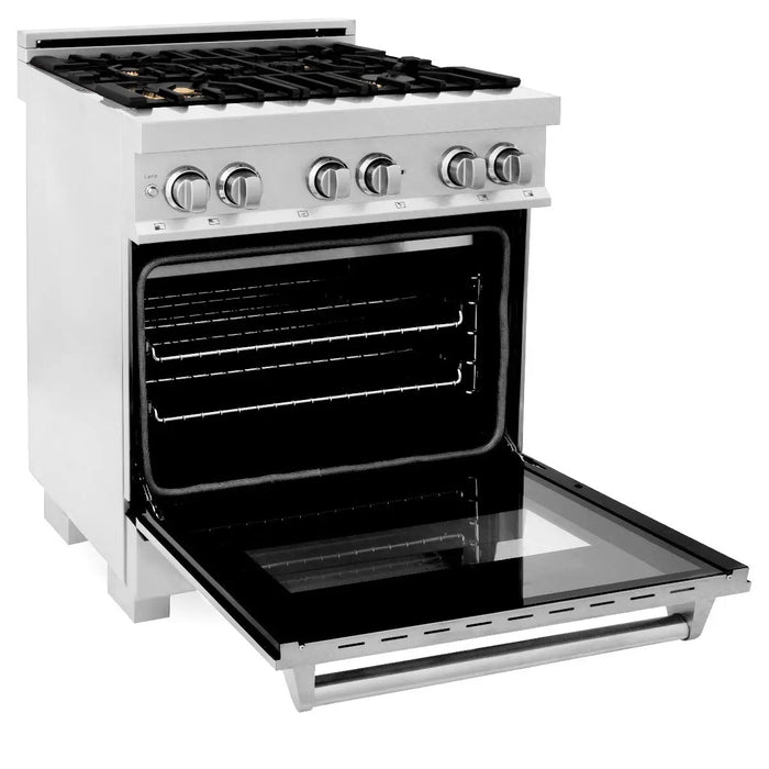 ZLINE 30" Dual Fuel Range in DuraSnow® Stainless with Brass Burners, RAS-SN-BR-30 ZLINE Dreamwood Living