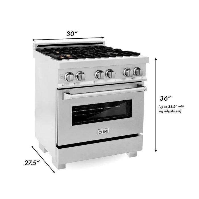ZLINE 30" Dual Fuel Range in DuraSnow® Stainless with Brass Burners, RAS-SN-BR-30 ZLINE Dreamwood Living