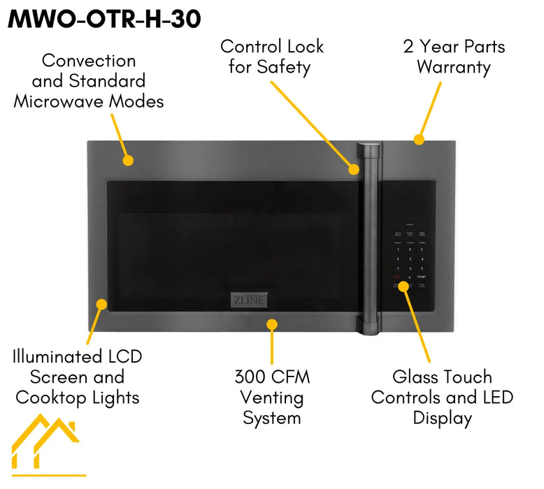 ZLINE 30" Over the Range Convection Microwave Oven in Black Stainless Steel with Traditional Handle and Sensor Cooking, MWO-OTR-H-30-BS ZLINE