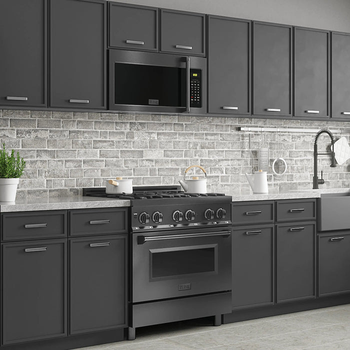 ZLINE 30" Over the Range Microwave in Black Stainless Steel with Traditional Handle & 2 Charcoal Filters, MWO-OTRCFH-30-BS ZLINE Dreamwood Living