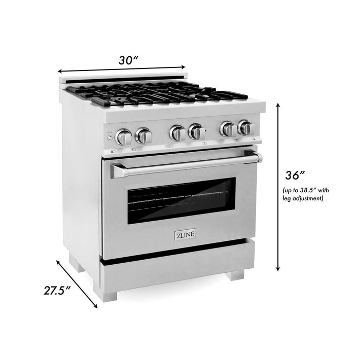 ZLINE 30" Professional Dual Fuel Range in DuraSnow® Stainless Steel, RAS-SN-30 ZLINE