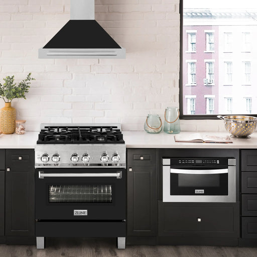 ZLINE 30" Wall Mount Range Hood in DuraSnow® Stainless Steel with Black Matte Shell and Stainless Steel Handle, KB4SNX-BLM-30 ZLINE Dreamwood Living