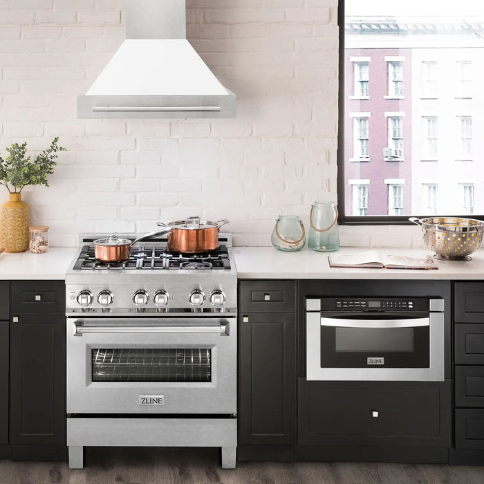 ZLINE 30" Wall Mount Range Hood in DuraSnow® Stainless Steel with White Matte Shell & Stainless Steel Handle, 8654SNX-WM-30 ZLINE Dreamwood Living