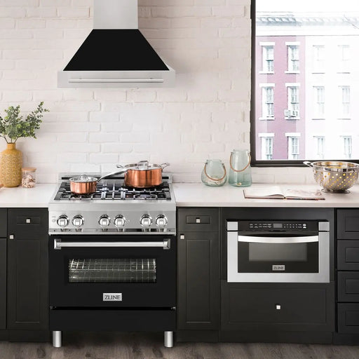 ZLINE 30" Wall Mount Range Hood in Stainless Steel with Black Matte Shell and Stainless Steel Handle, 8654STX-BLM-30 ZLINE Dreamwood Living
