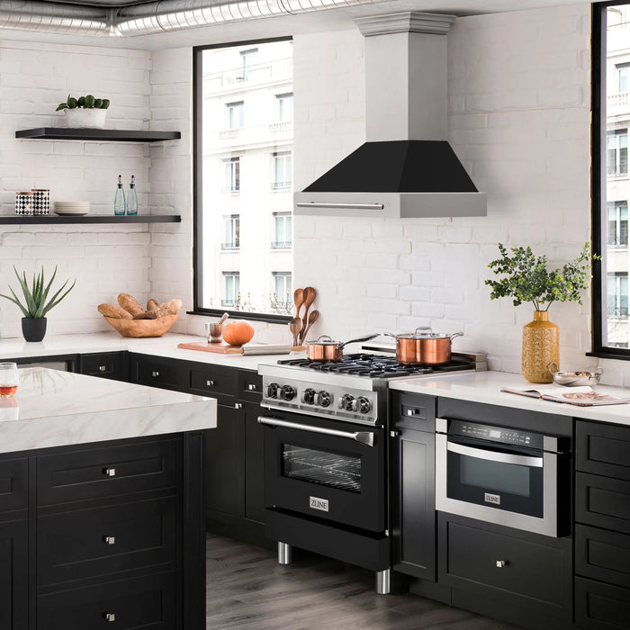 ZLINE 30" Wall Mount Range Hood in Stainless Steel with Black Matte Shell and Stainless Steel Handle, 8654STX-BLM-30 ZLINE Dreamwood Living