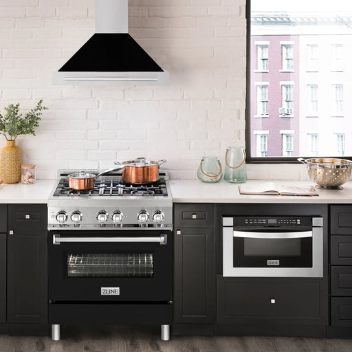 ZLINE 30" Wall Mount Range Hood in Stainless Steel with Black Matte Shell and Stainless Steel Handle, KB4STX-BLM-30 ZLINE Dreamwood Living