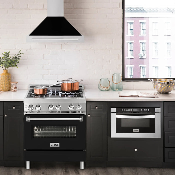 ZLINE 30" Wall Mount Range Hood in Stainless Steel with Black Matte Shell and Stainless Steel Handle, KB4STX-BLM-30 ZLINE Dreamwood Living