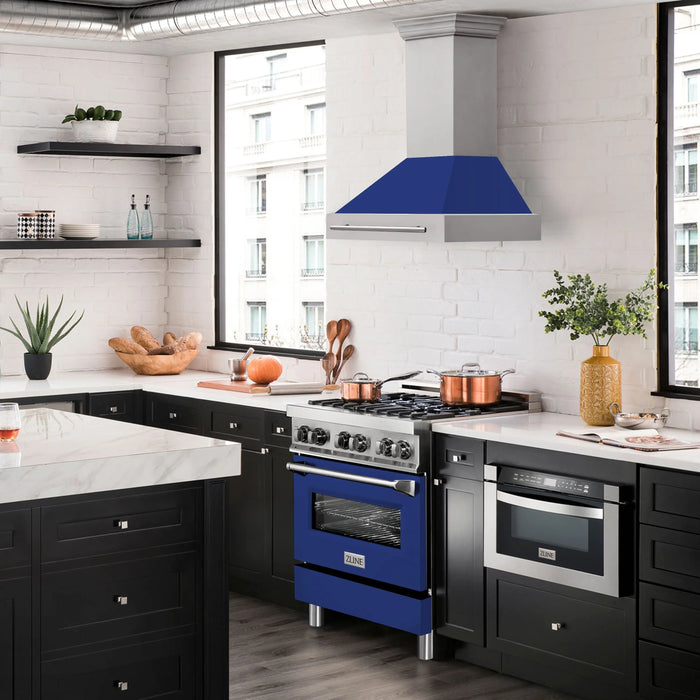 ZLINE 30" Wall Mount Range Hood in Stainless Steel with Blue Gloss Shell & Stainless Steel Handle, 8654STX-BG-30 ZLINE Dreamwood Living