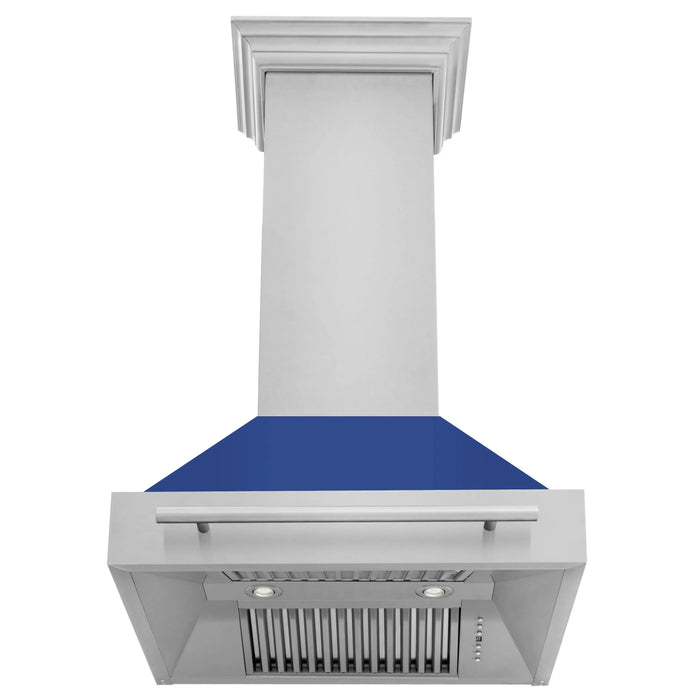 ZLINE 30" Wall Mount Range Hood in Stainless Steel with Blue Matte Shell and Stainless Steel Handle, 8654STX-BM-30 ZLINE Dreamwood Living
