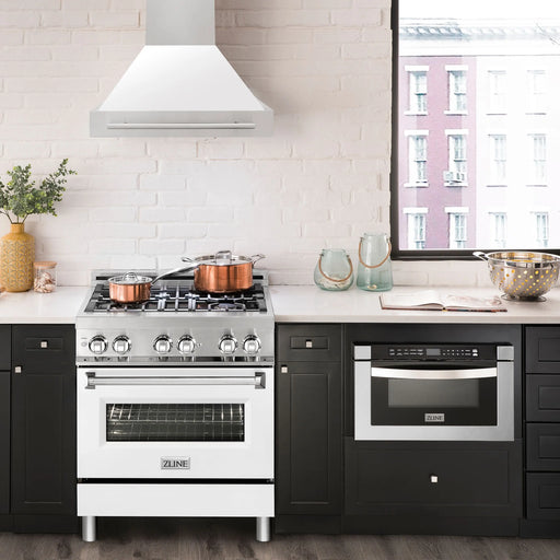 ZLINE 30" Wall Mount Range Hood in Stainless Steel with White Matte Shell & Stainless Steel Handle, 8654STX-WM-30 ZLINE Dreamwood Living