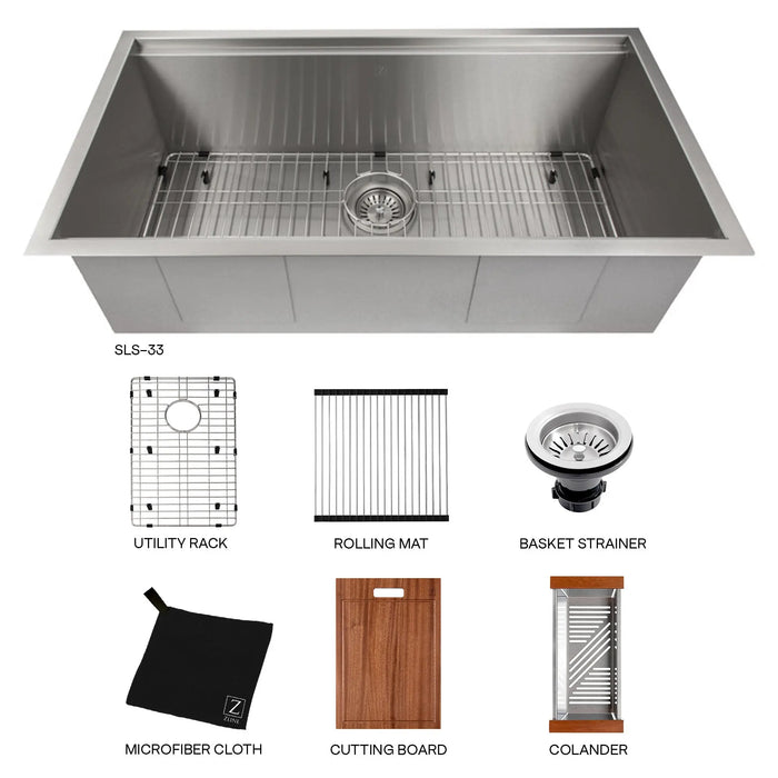 ZLINE 33" Garmisch Undermount Single Bowl Kitchen Sink in Stainless Steel with Bottom Grid and Accessories, SLS-33 ZLINE