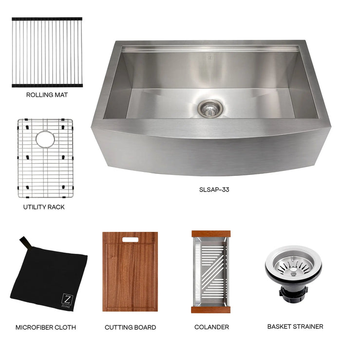 ZLINE 33" Moritz Farmhouse Apron Mount Single Bowl Kitchen Sink in Stainless Steel with Bottom Grid and Accessories, SLSAP-33 ZLINE