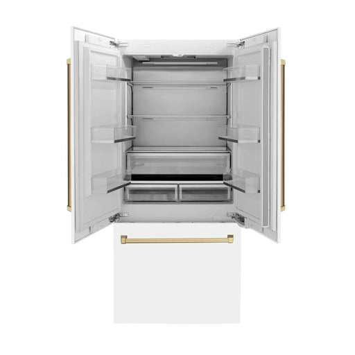 ZLINE 36" Autograph Edition Built-In French Door Refrigerator in White Matte with Champagne Bronze Accents, RBIVZ-WM-36-CB ZLINE Dreamwood Living