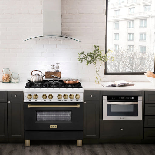 ZLINE 36" Autograph Edition Dual Fuel Range in Stainless Steel with Black Matte Door and Champagne Bronze Accents, RAZ-BLM-36-CB ZLINE Dreamwood Living