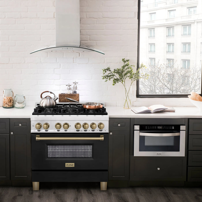 ZLINE 36" Autograph Edition Dual Fuel Range in Stainless Steel with Black Matte Door and Champagne Bronze Accents, RAZ-BLM-36-CB ZLINE Dreamwood Living
