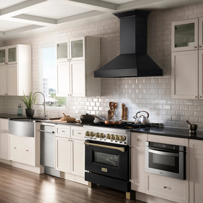 ZLINE 36" Autograph Edition Dual Fuel Range in Stainless Steel with Black Matte Door and Champagne Bronze Accents, RAZ-BLM-36-CB ZLINE Dreamwood Living