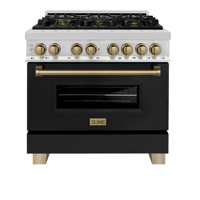 ZLINE 36" Autograph Edition Dual Fuel Range in Stainless Steel with Black Matte Door and Champagne Bronze Accents, RAZ-BLM-36-CB ZLINE Dreamwood Living