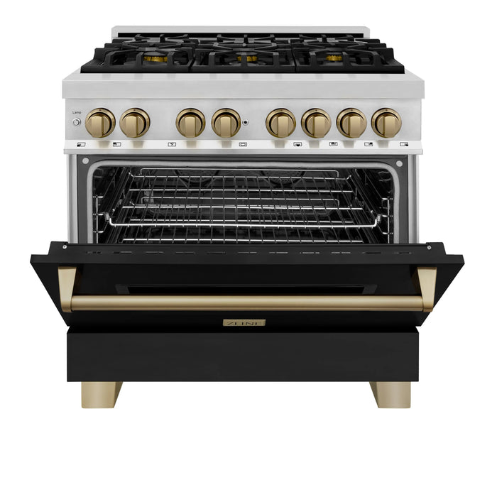 ZLINE 36" Autograph Edition Dual Fuel Range in Stainless Steel with Black Matte Door and Champagne Bronze Accents, RAZ-BLM-36-CB ZLINE Dreamwood Living