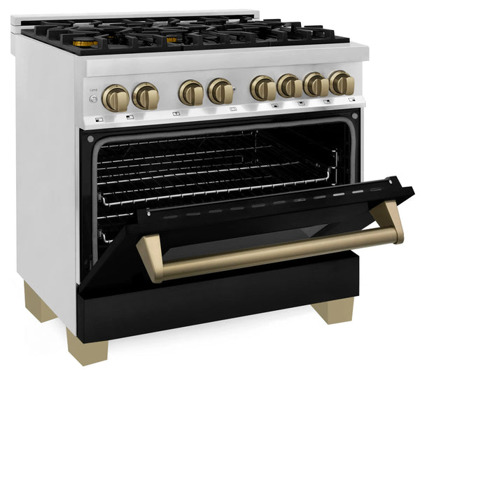 ZLINE 36" Autograph Edition Dual Fuel Range in Stainless Steel with Black Matte Door and Champagne Bronze Accents, RAZ-BLM-36-CB ZLINE Dreamwood Living